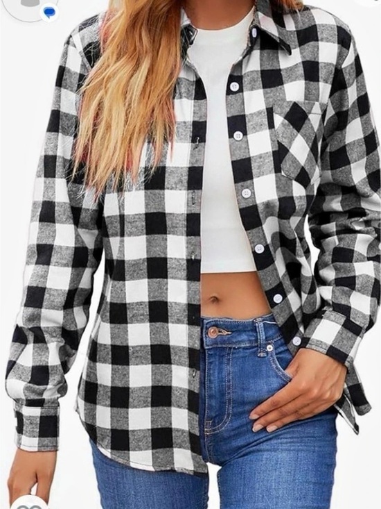 SANGTREE Tops - New size S SANGTREE Womens Flannel Shirt Long Sleeve Button up Plaid black white